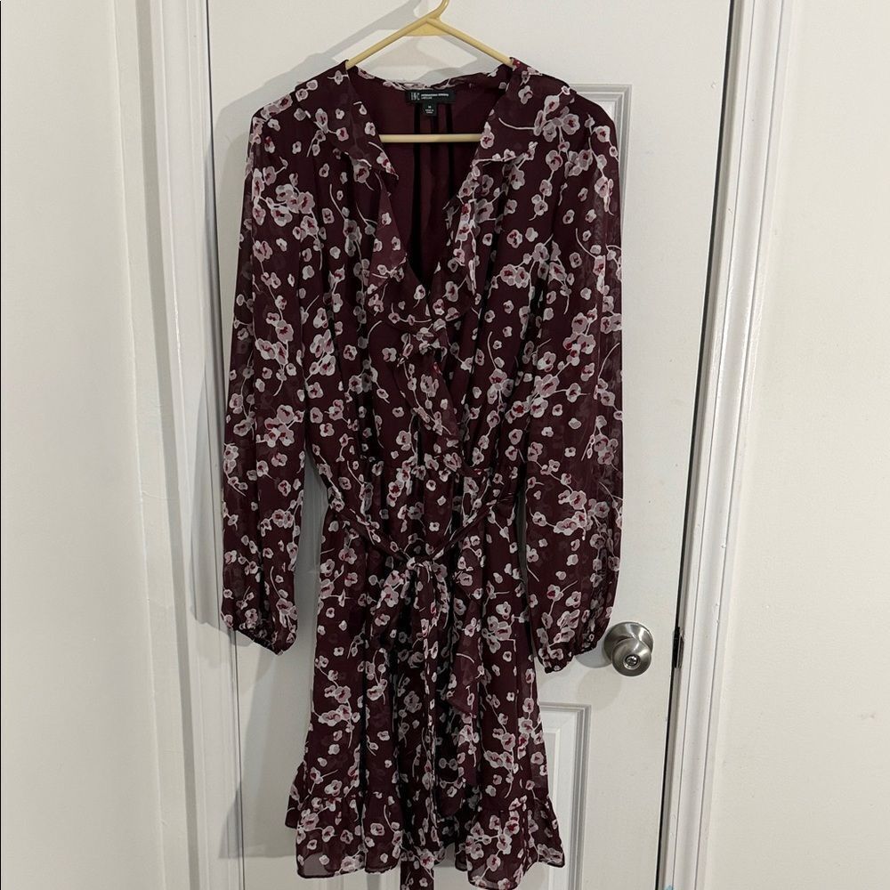 INC International Concepts Burgundy Ruffle Floral Long Sleeve Dress Size 14